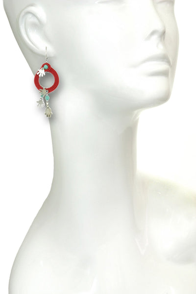 Hamsa Red String Hoop Earrings, Silver Hands