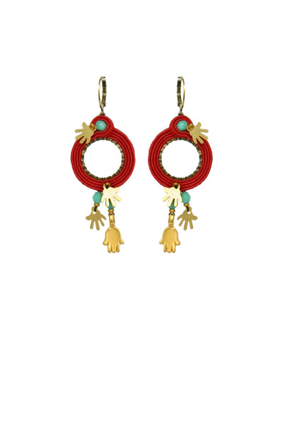 Hamsa Red String Hoop Earrings, Golden Hands